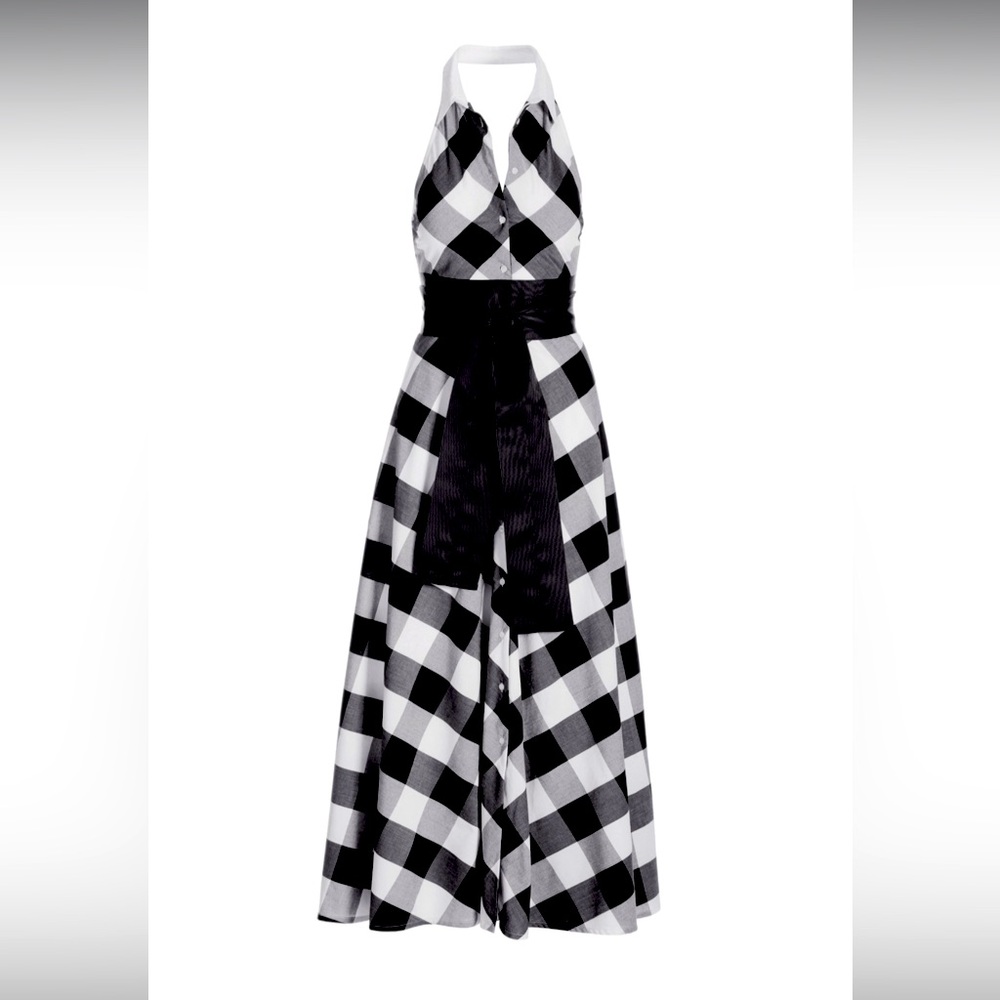 Boston Proper Black and White Gingham Halter Maxi Dress